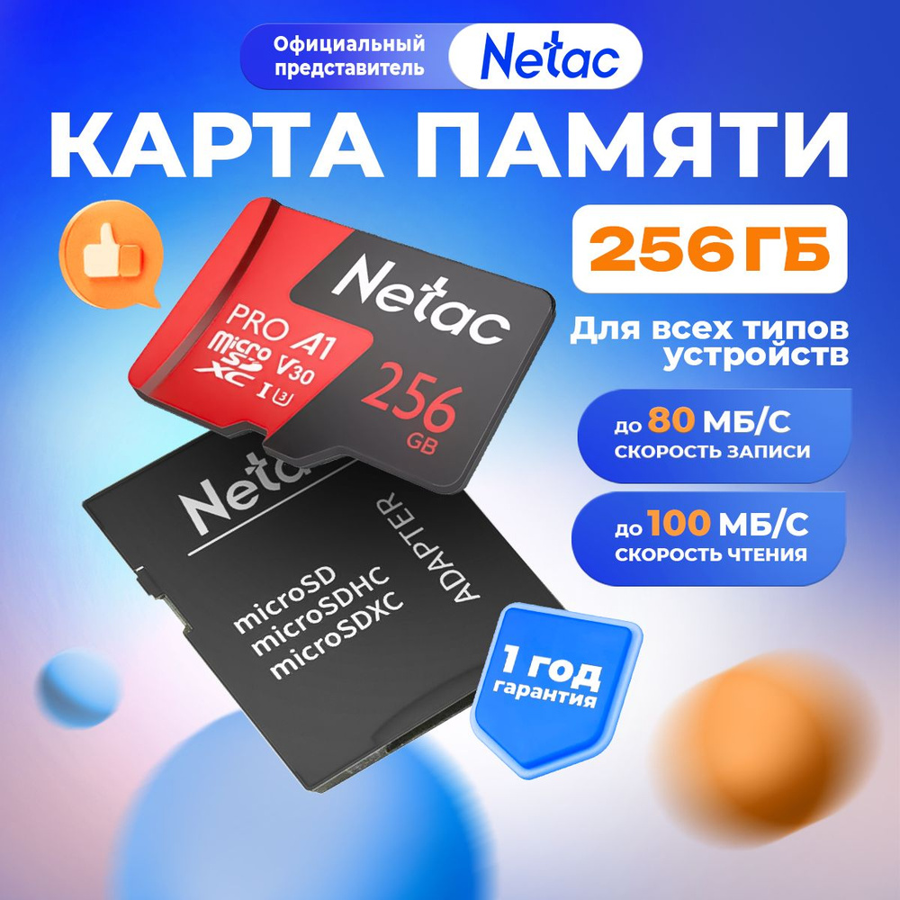 Карта памяти MicroSDXC 256ГБ Class10 UHS-I A1 V30+SD адаптер / NT02P500PRO-256G-R  #1