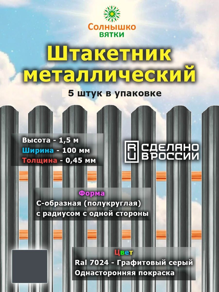 Металлический штакетник односторонний 1,5 м цвет: RAL 7024 Графитовый серый, 5 штук  #1