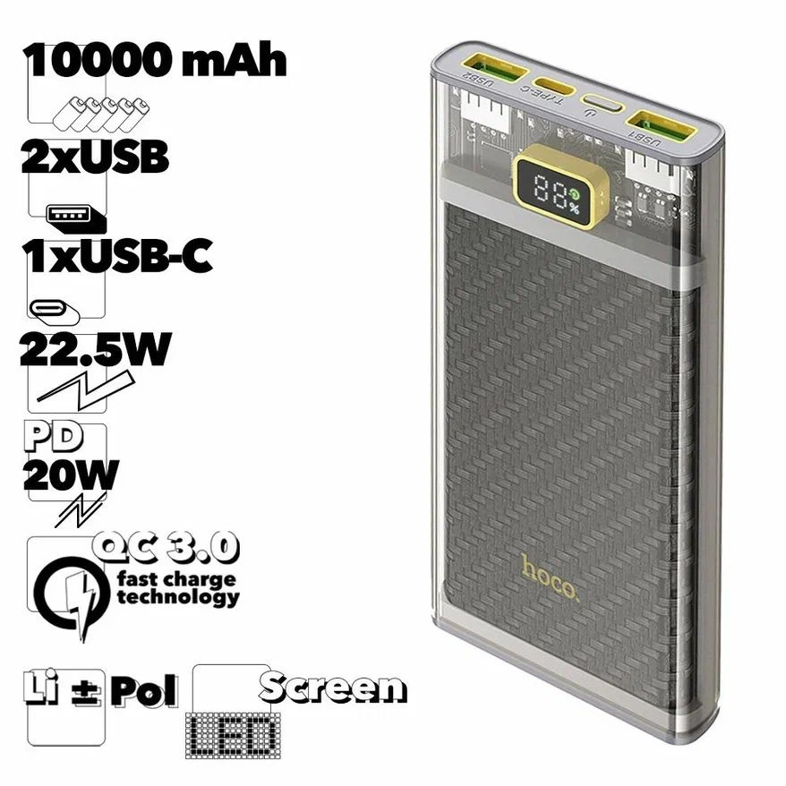 Повербанк, 10000 mAh, 2 USB, Type-C, 3А, QC 3.0, PD20W, LED дисплей #1