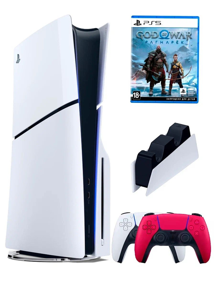 PS5 (ПС5) Игровая приставка Sony PlayStation 5 Slim +2-й геймпад(красный)+зарядное+игра God of War, 1000ГБ #1