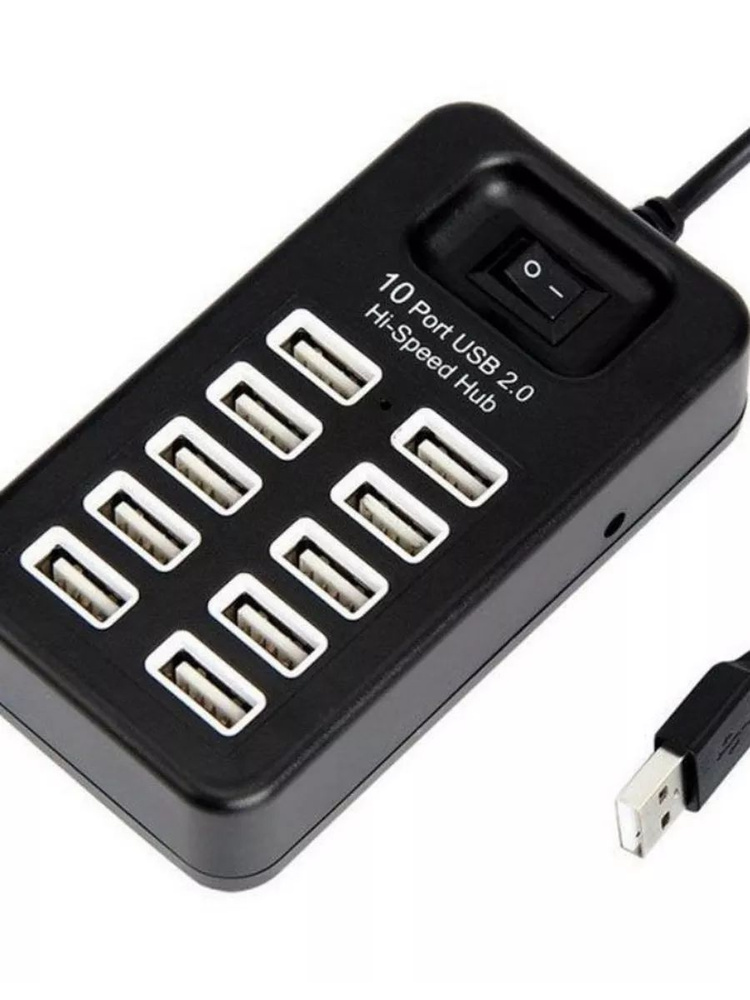 USB концентратор разветвитель хаб USB 2.0 HUB 10-ports Black чёрный, 10 портов USB2.0, 480 Мбит/с, несэсм, #1