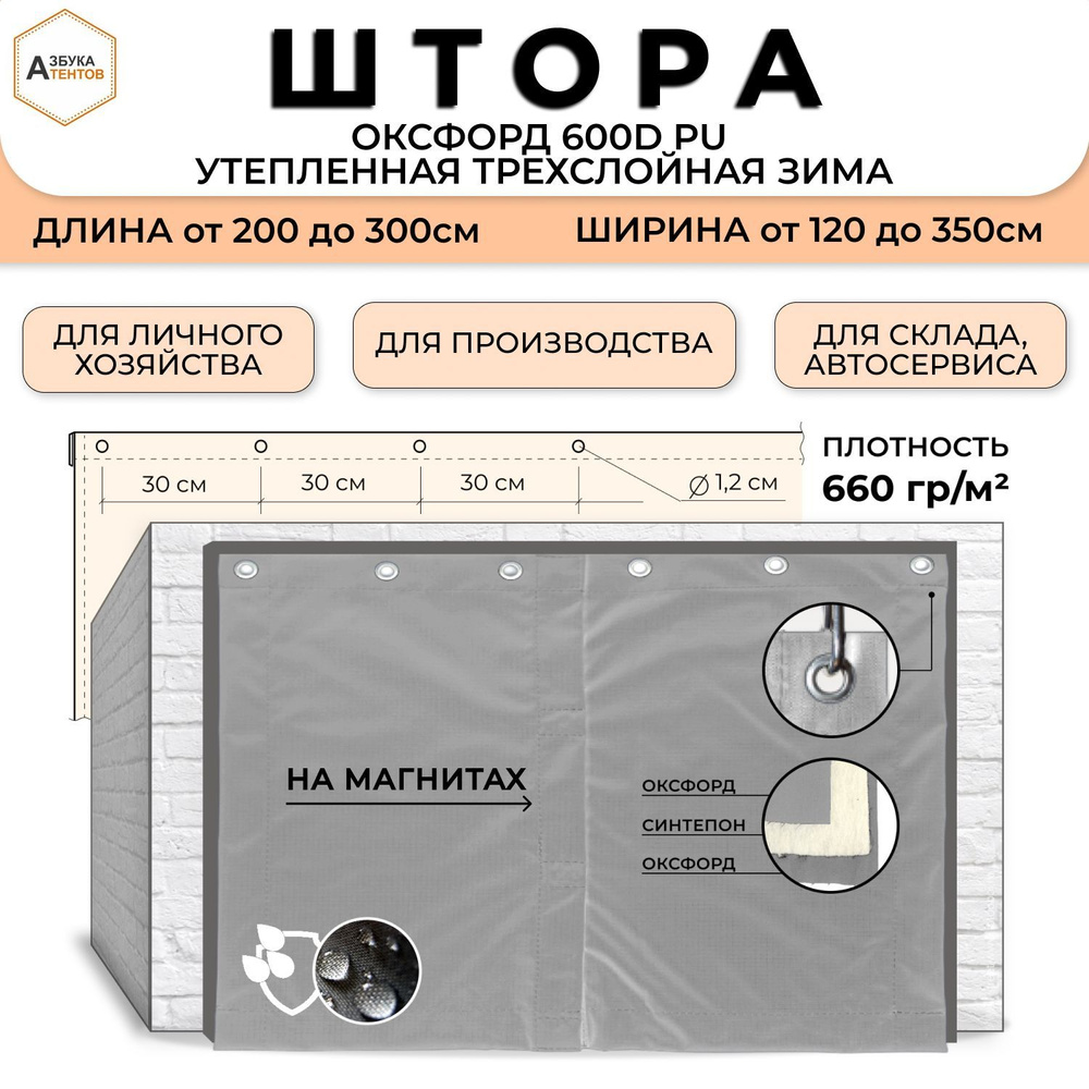 Штора утепленная трехслойная (Оксфорд 600) 220х340, полог универсальный с люверсами на магнитах, тент #1