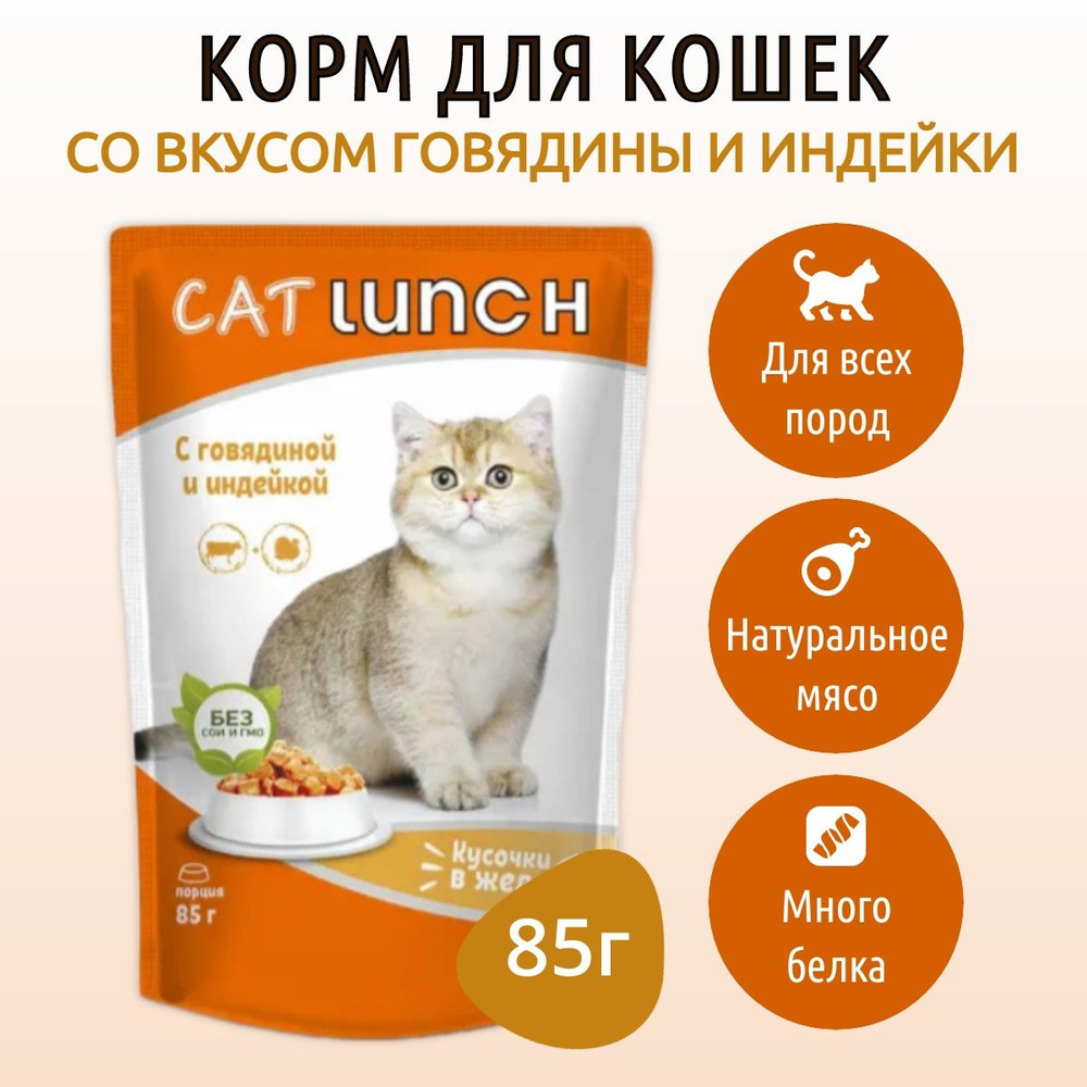 Влажный корм CAT LUNCH 85 г для кошек Говядина и индейка кусочки в желе, в пауче  #1