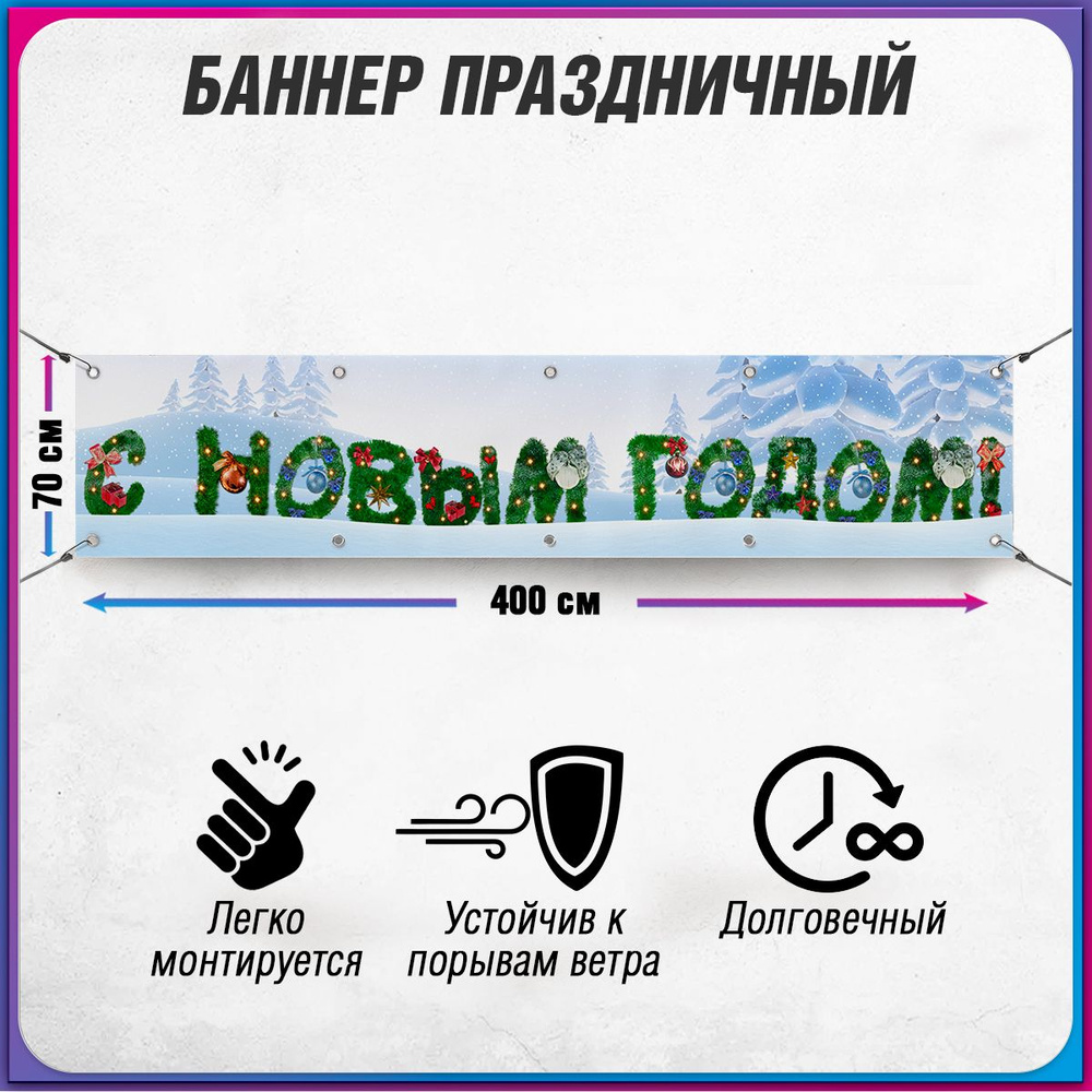 Баннер С новым годом / Растяжка на праздник Нового года и Рождества / 4x0.7 м.  #1