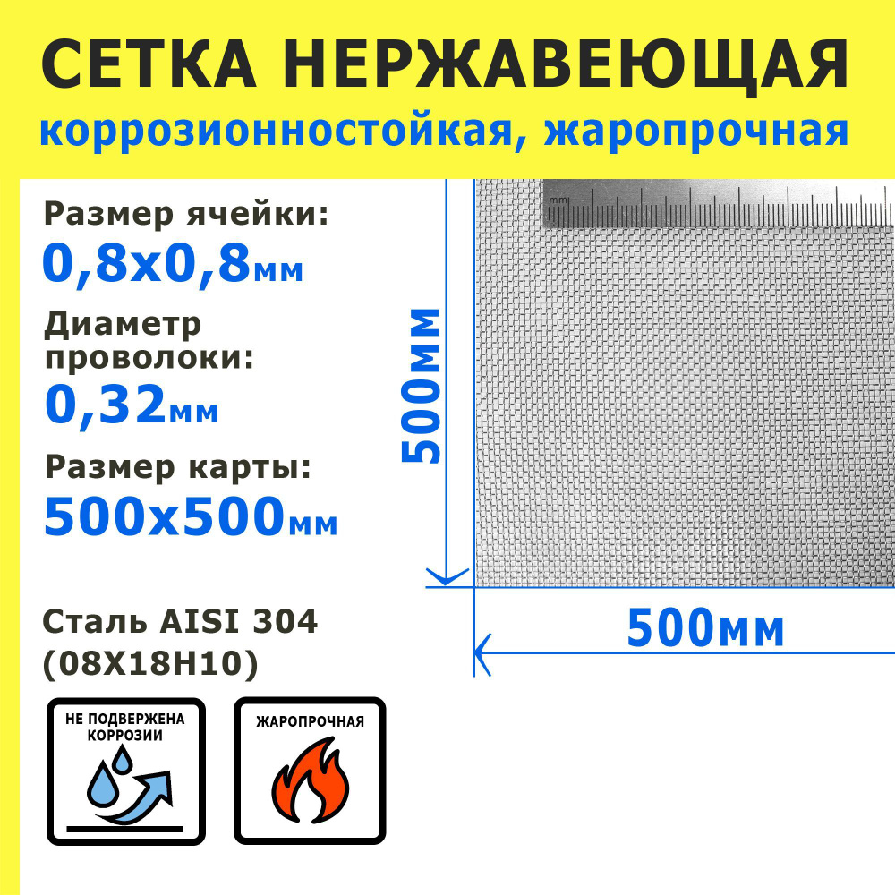 Сетка нержавеющая 0,8х0,8х0,32 мм для фильтрации, защиты от насекомых, грызунов. Сталь AISI 304 (08Х18Н10). #1