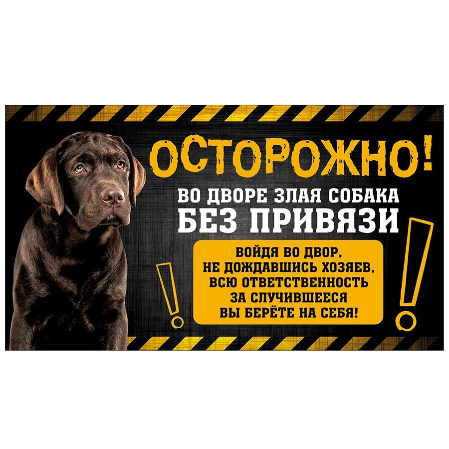 Табличка, с юмором, DANGER DOG, Осторожно! Во дворе собака без привязи, Коричневый лабрадор, 25x14 см #1