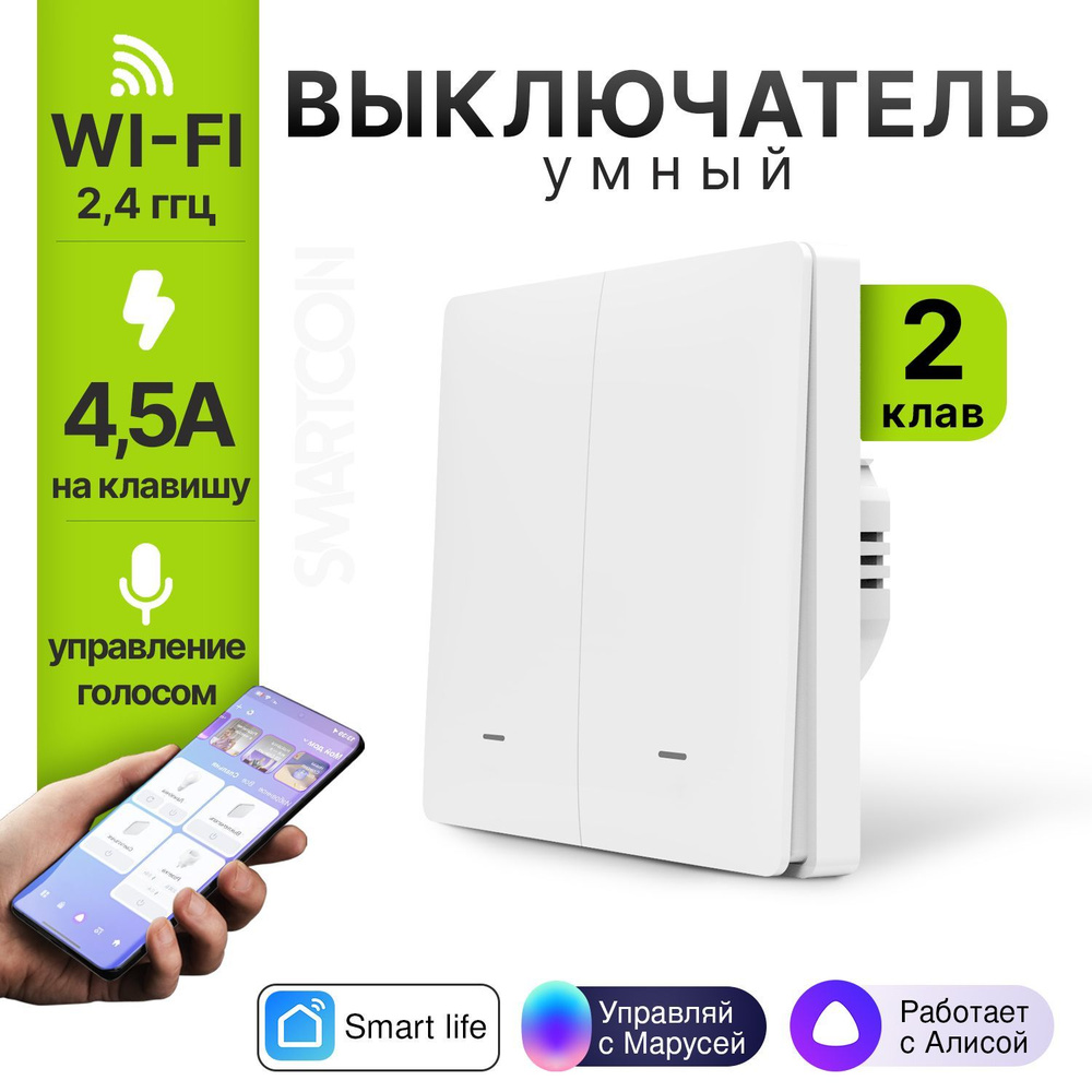 умный выключатель wi-fi, с Алисой, двухклавишный, встраиваемый  #1