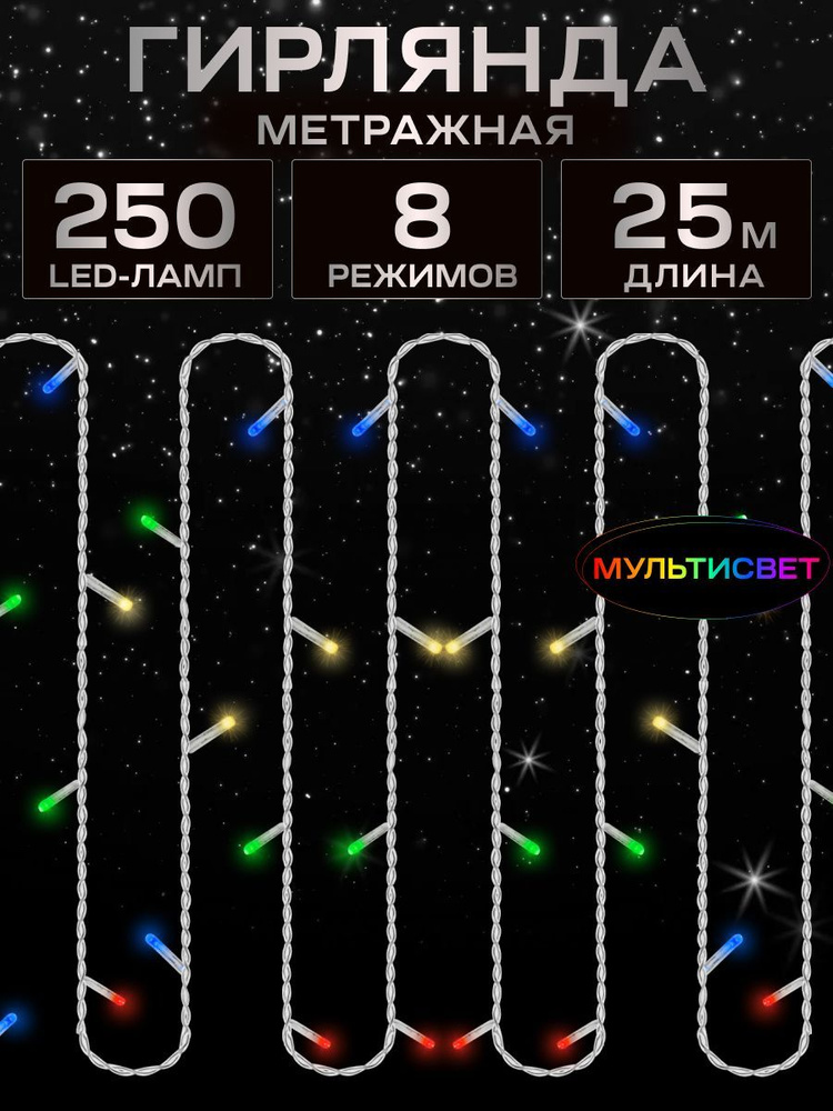 Гирлянда метражная MiLED 25 м 250 ламп разноцветный свет. Светодиодная гирлянда 8 режимов. Новогодний #1