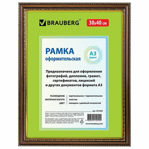 Рамка 30х40 см, пластик, багет 30 мм, BRAUBERG "HIT4", миндаль с двойной позолотой, стекло  #1