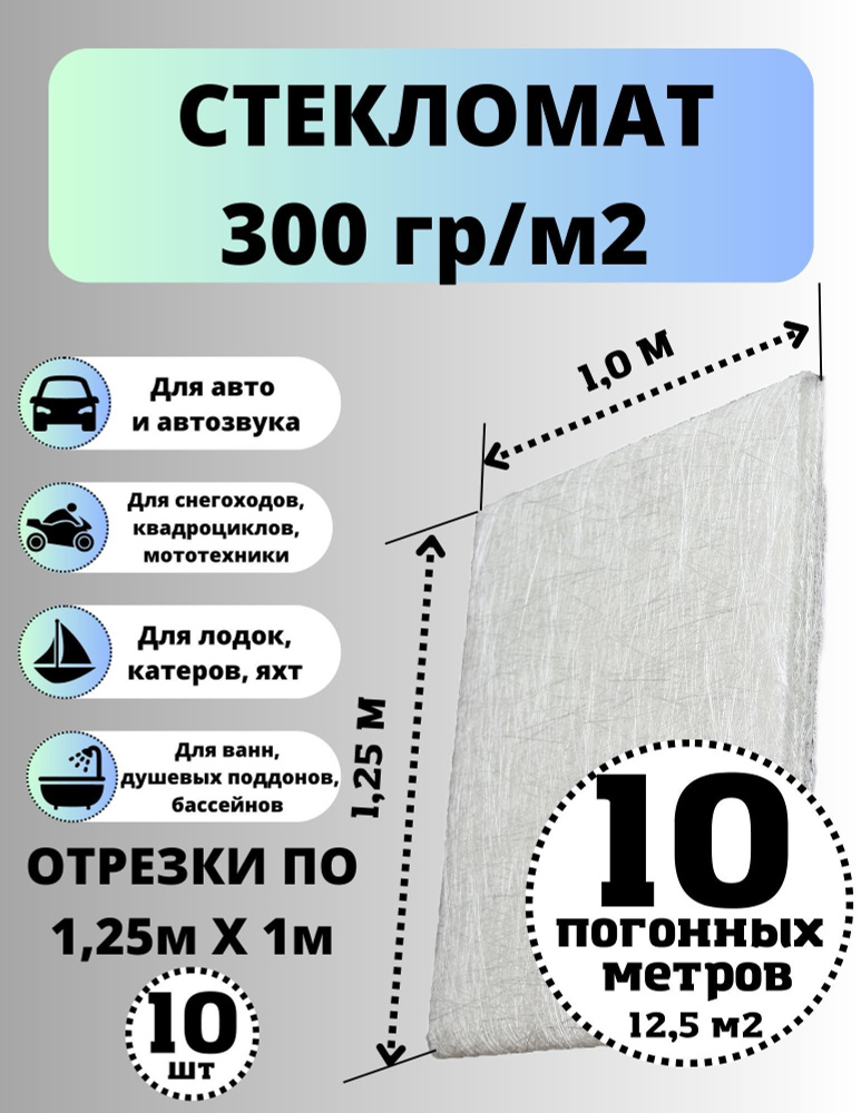 Стекломат плотность 300 г/м2, 1,25 х 10 м, конструкционный эмульсионный для ремонта лодок, ванн, авто #1