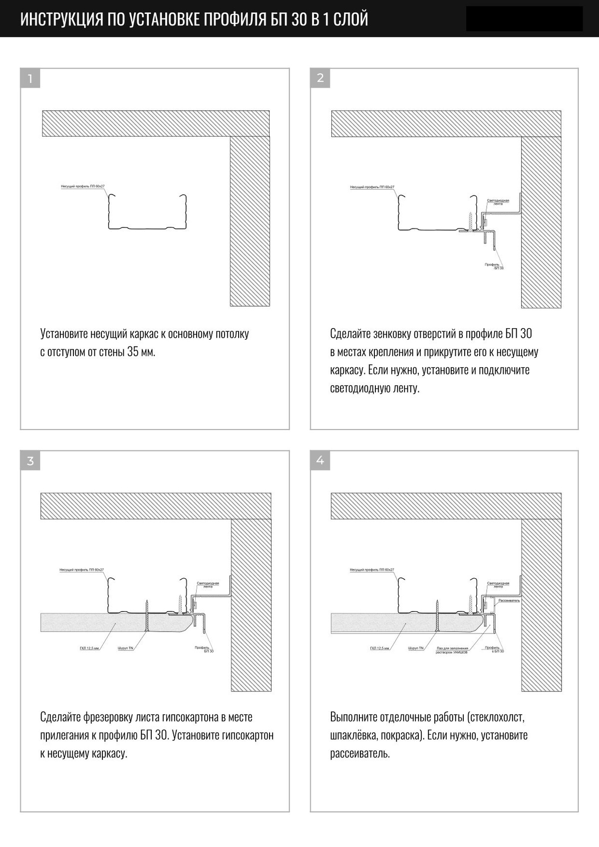 1. Установить несущий каркас к основному потолку с отступом от стены 35 мм. 2. Сделать зенковку отверстий в профиле БП 30 в местах крепления и прикрутить его к несущему каркасу через ГКЛ. Если предусмотрена светодиодная лента, установить и подключить. 3. Сделать фрезеровку листа ГКЛ в месте прилегания к профилю БП 30. Установить ГКЛ к несущему каркасу. 4. Выполнить отделочные работы.