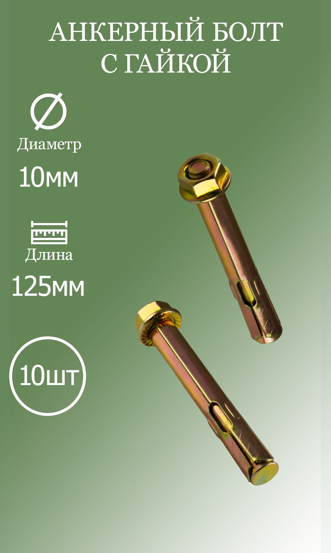 Анкерныйболтсгайкой10х125,10шт.