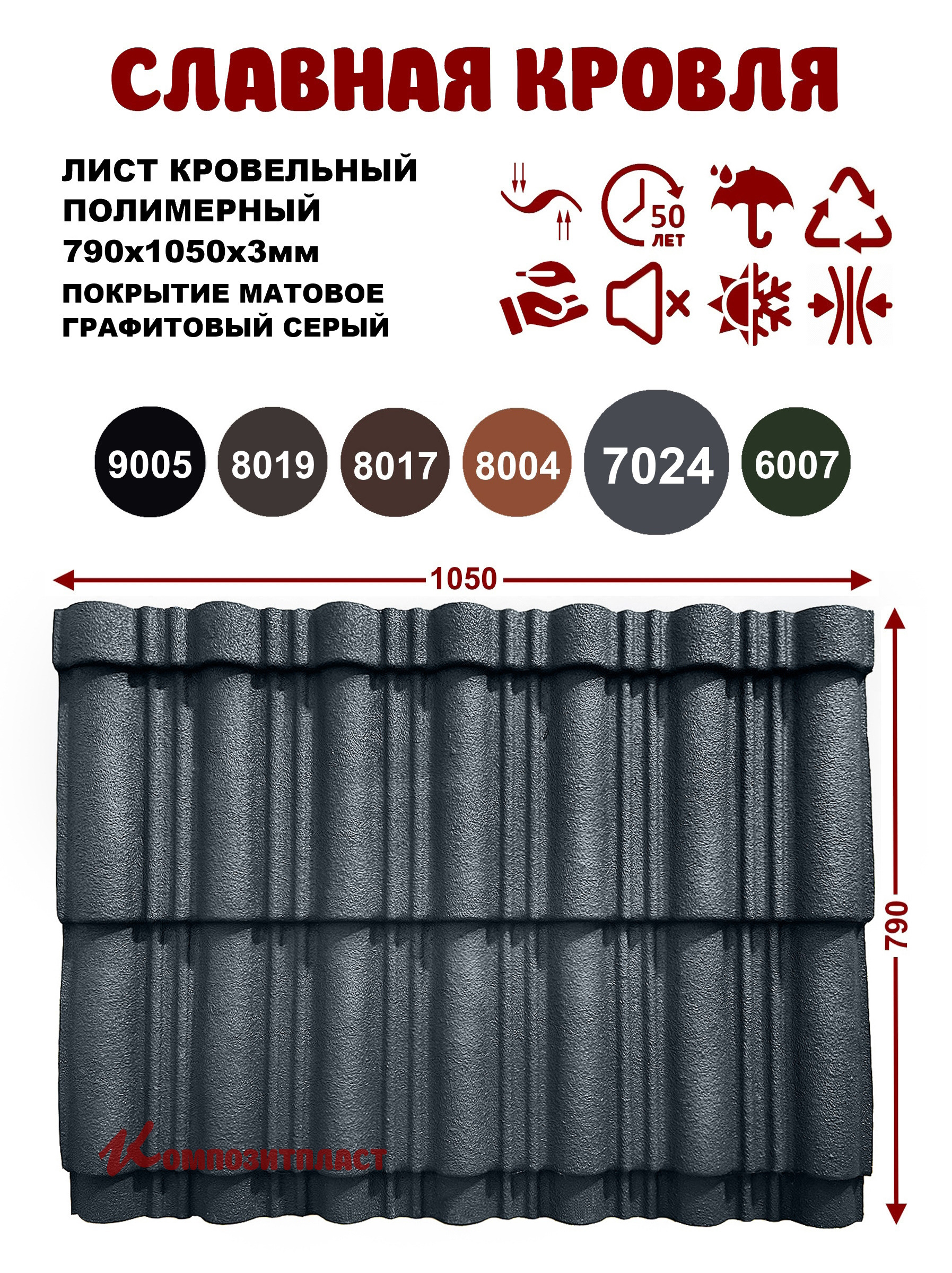 Листкровельный790х1050-7024(упак.6шт,4.977м2),графитовыйсерый,полимерный