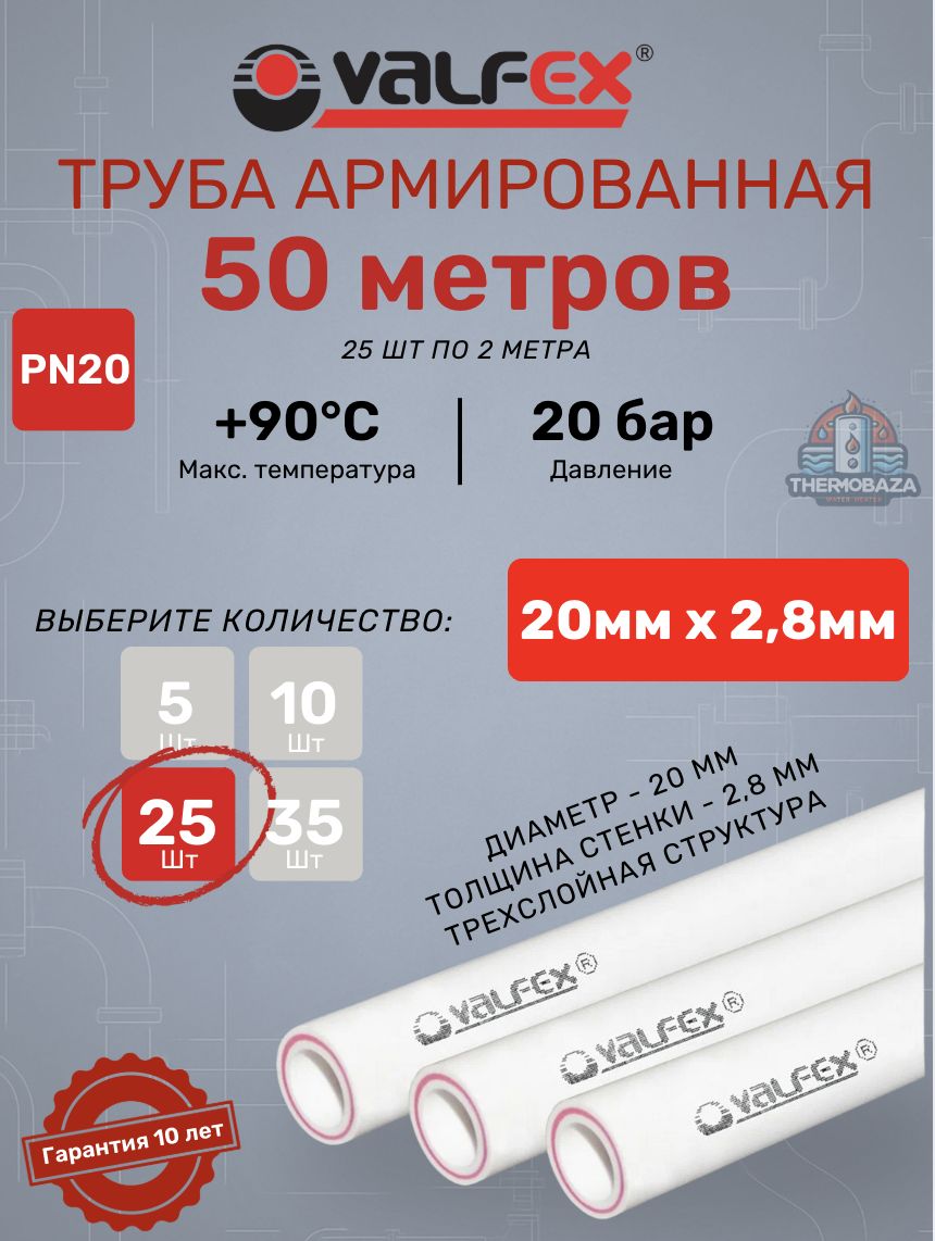 Трубаарм.ValfexSDR7.4PN2020х2,8мм;25штпо2метраполипропиленоваяармированнаястекловолокном