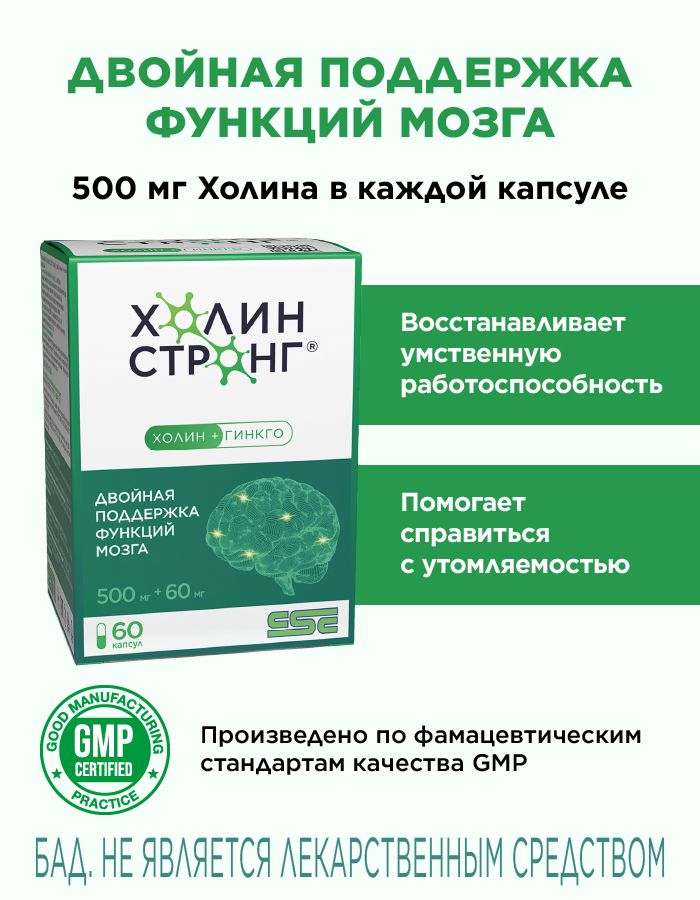 ХолинСтронг,Гингкобилоба60мгХолин500мгБиоперин,улучшаетпамятьивнимание,помогаетсправитьсясострессом,восстановлениепослеболезни(covid),60капсул,