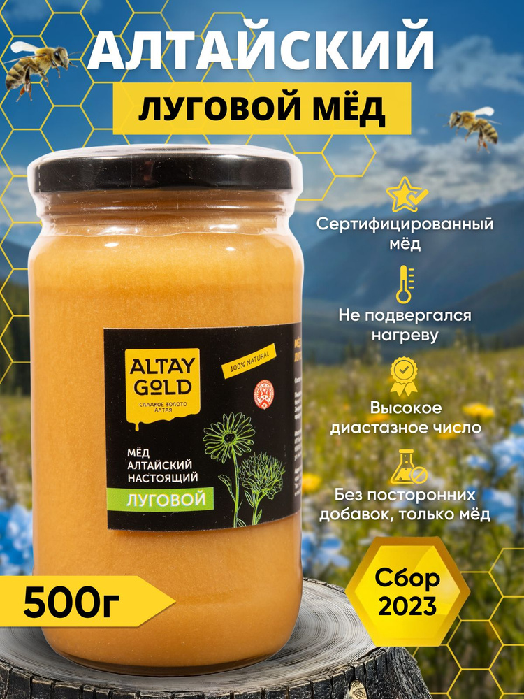 Мёд луговой 500 г, натуральный мед с Алтая в стекле от ALTAY GOLD, сбор 2023 г  #1