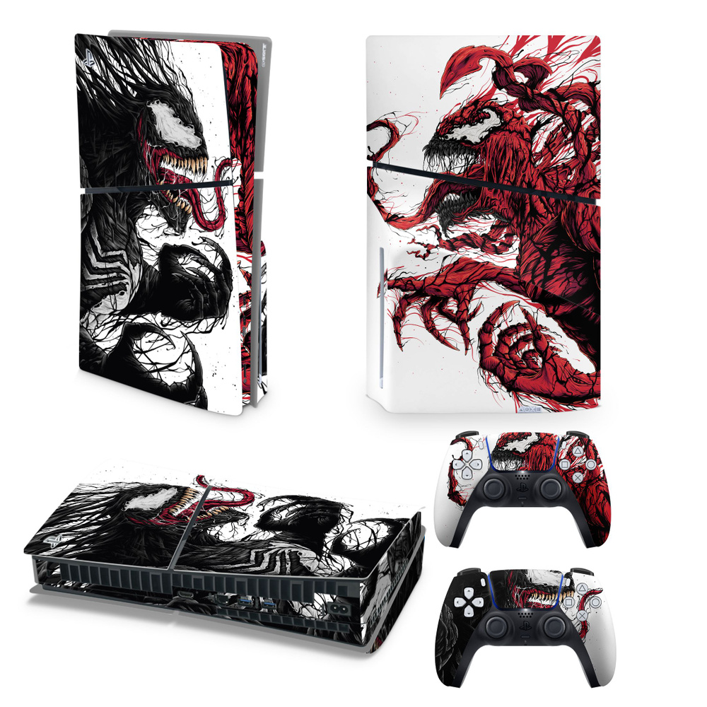 Наклейка Venom Red виниловая защитная на игровую консоль PlayStation 5 SLIM полный комплект  #1