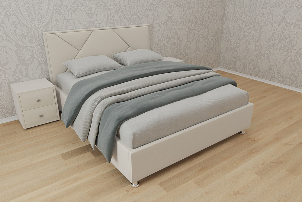 Двуспальная кровать Линда 200x200 основание металлическое с ламелями велюр бежевый без ножек  #1