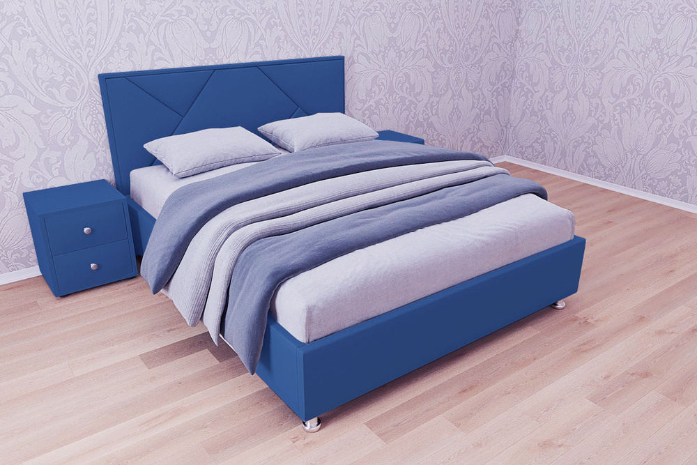 Двуспальная кровать Линда 160x200 основание металлическое с ламелями велюр синий без ножек  #1