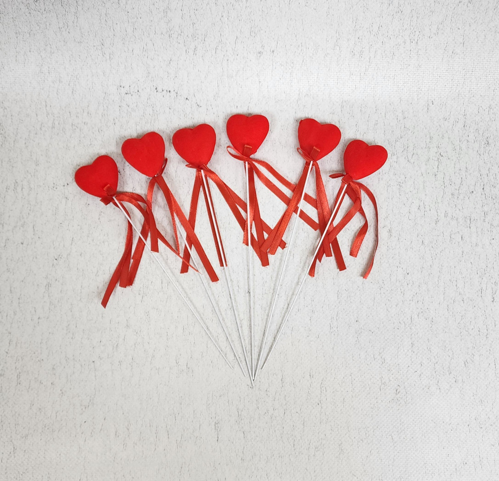 Сердце сувенирное на палочке бархат (набор 6 шт) d3,5 см, красный  #1