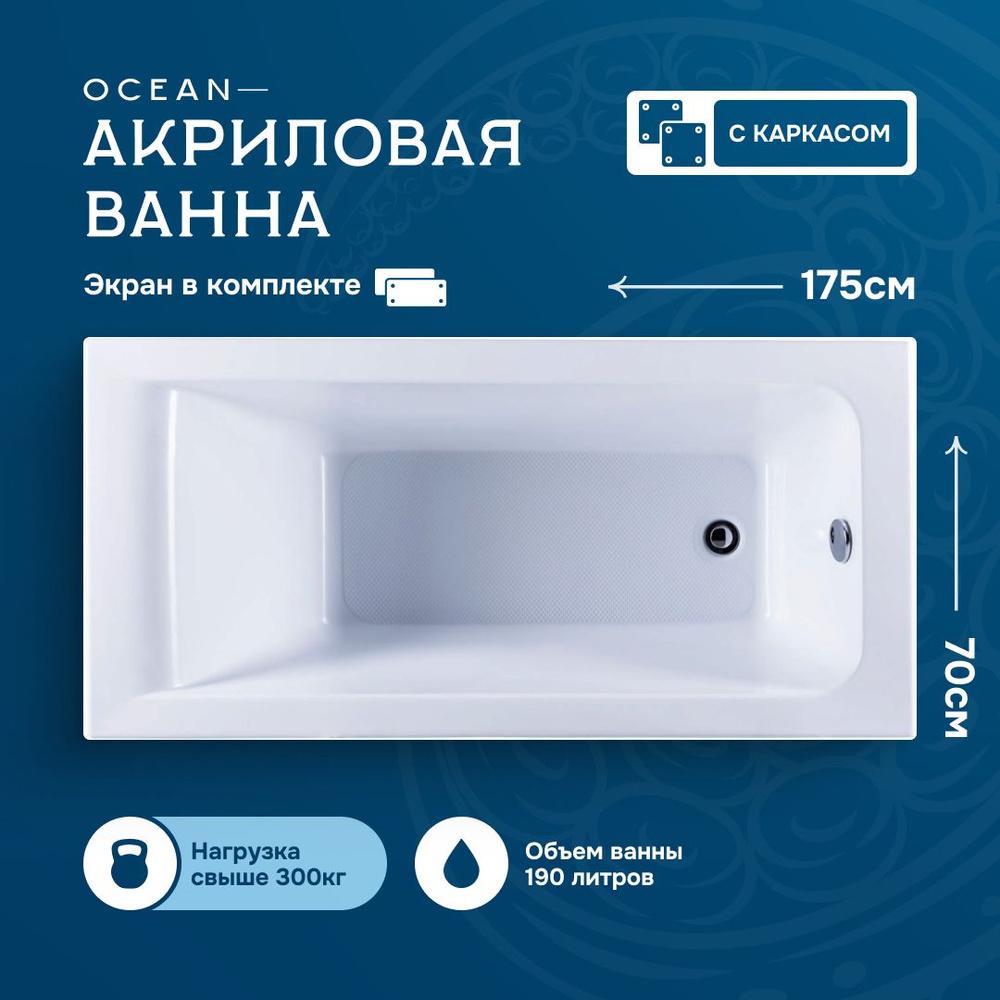 Акриловая ванна Nixx Ocean 175x70 с экраном (с каркасом) #1