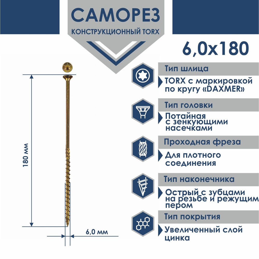 Саморез универсальный Torx Daxmer 6,0х180 (200 шт) #1