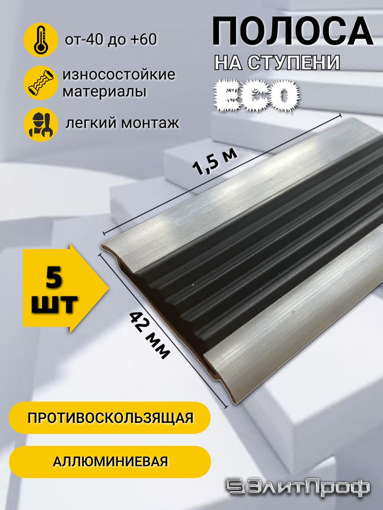 Полоса ECO противоскользящая алюминиевая 42 мм, с ЧЕРНОЙ резиновой вставкой, длина 1,5 м, упаковка 5 #1