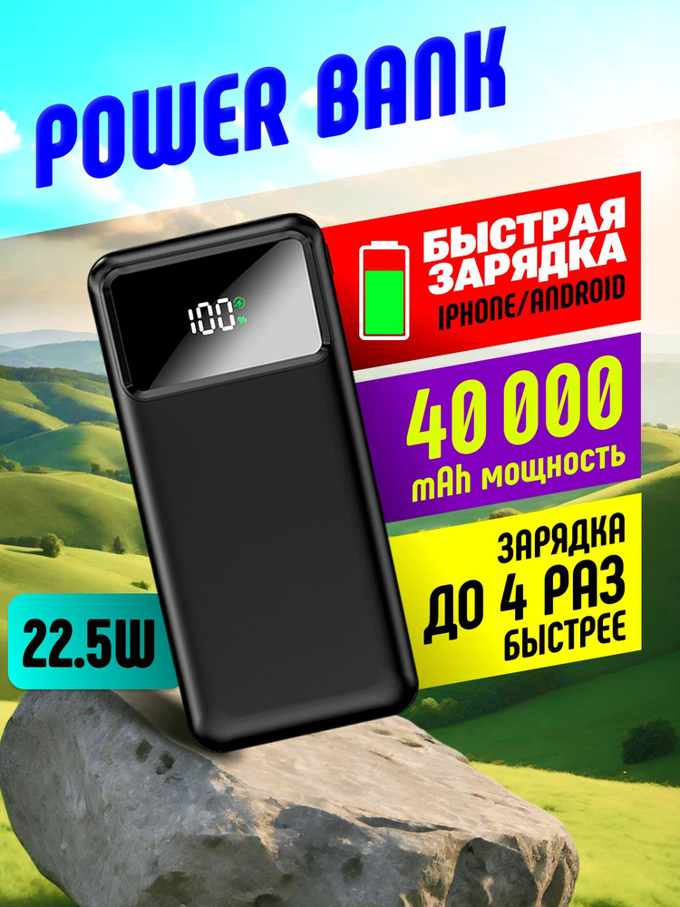 Повербанк (powerbank) Fixet 40000 mah с быстрой зарядкой, внешний аккумулятор, портативный черный  #1