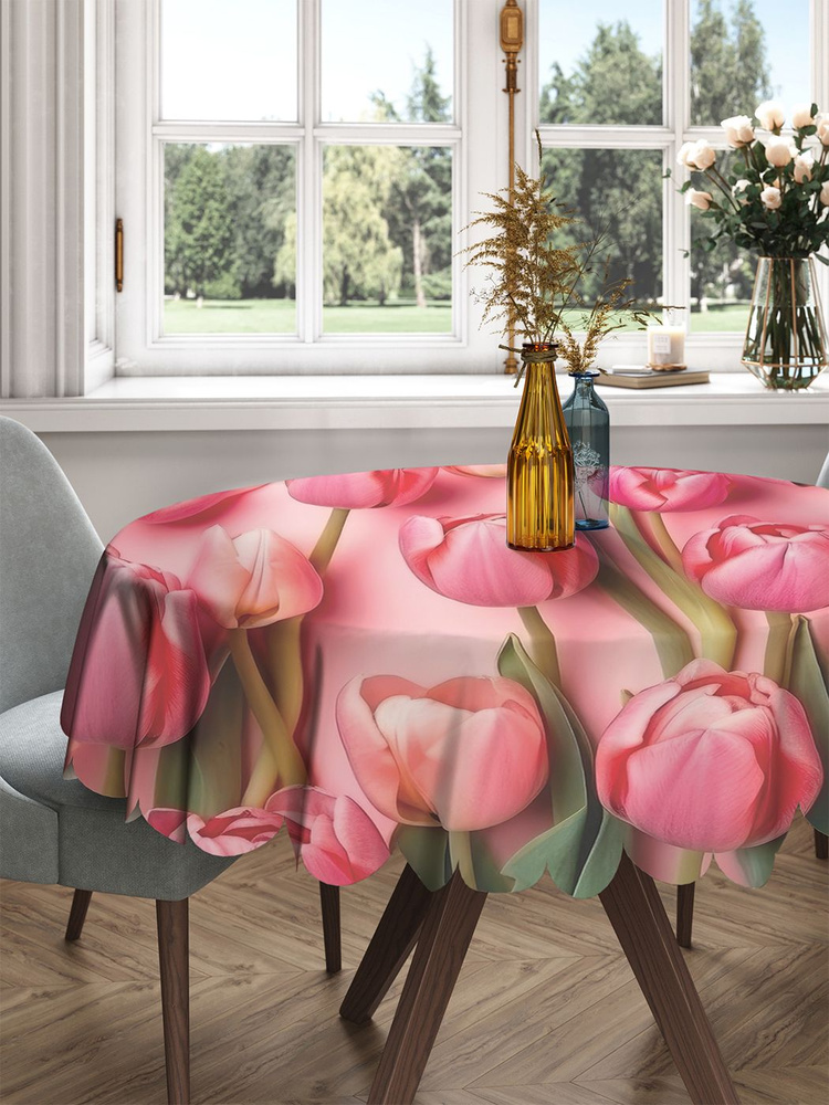 Скатерть круглая тканевая на стол JoyArty с рисунком "Тюльпаны" 150 на 150 см , серия 8 марта  #1