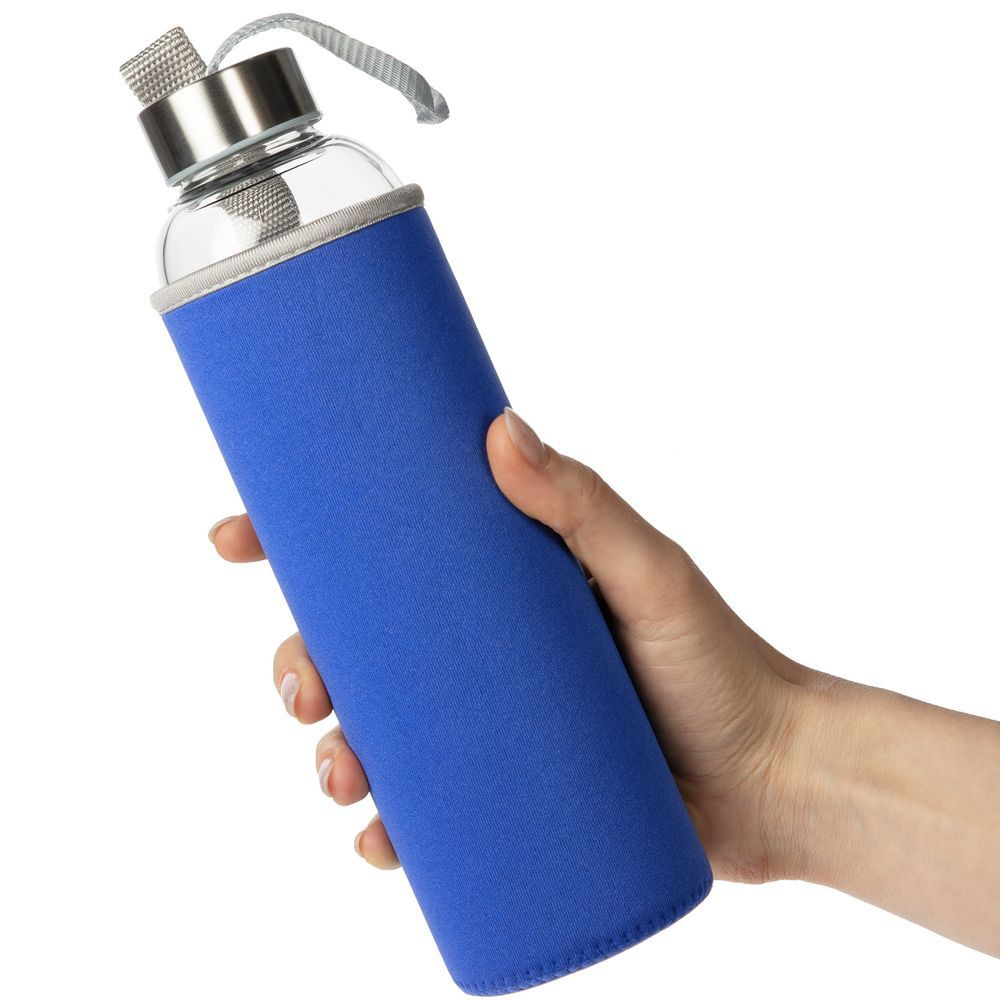 Бутылка для воды спортивная в чехле стеклянная Sleeve Ace, синяя 550 мл подарок мужчине парню папе девушке #1