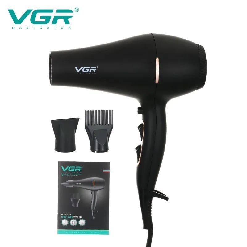 VGR Фен для волос V-433 2200 Вт, скоростей 2, кол-во насадок 2, черный  #1