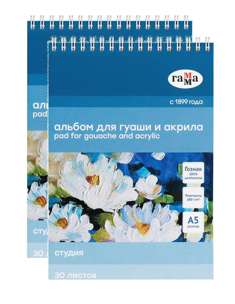 В наборе 2 шт. - Альбом для гуаши и акрила, 30л., А5, на спирали Гамма "Студия", 180г/м2  #1