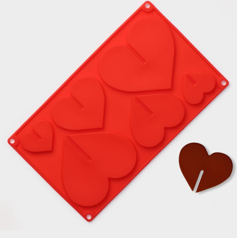 Форма силиконовая для выпечки и создания украшений 3D Сердце, 6 ячеек  #1