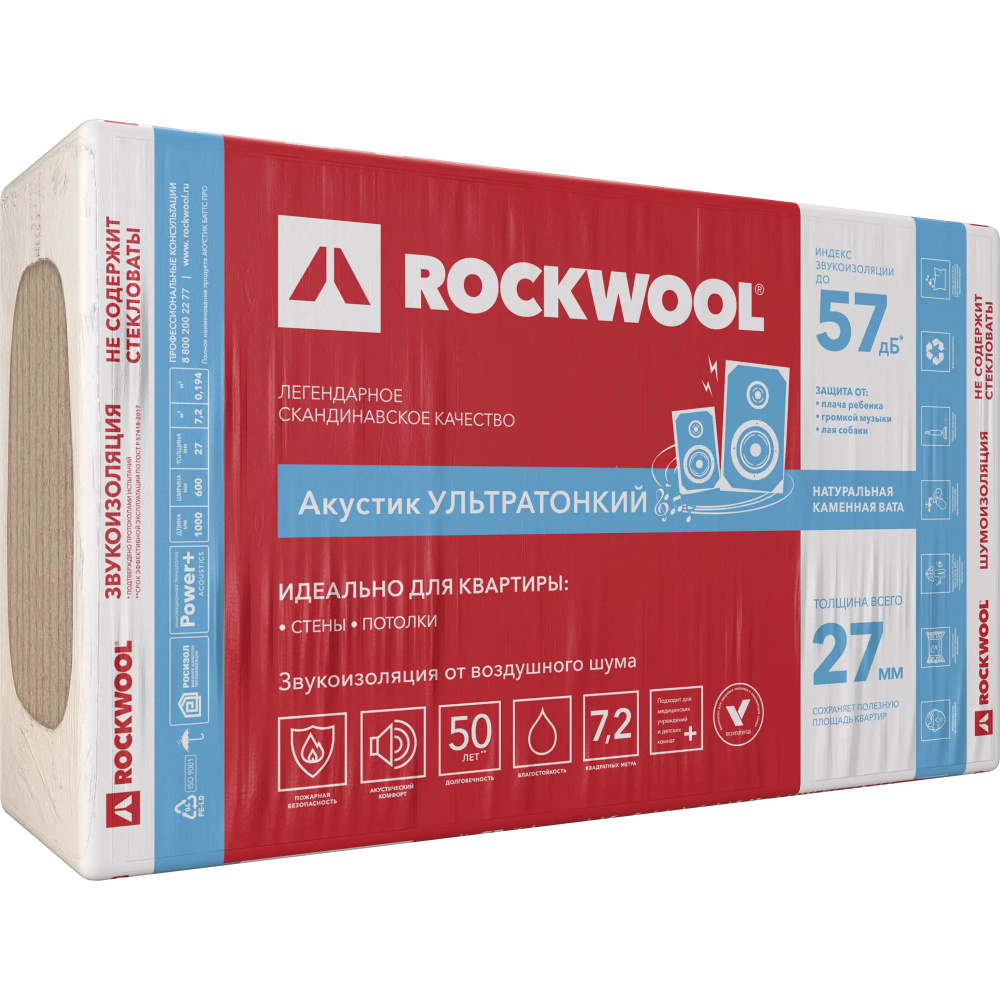 Rockwool Акустик Баттс Ультратонкий (1000*600*27) 12п/0,194м3/7,2м2/14пач.под  #1