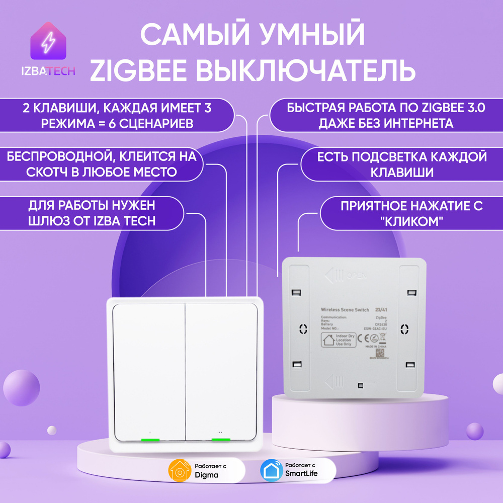 Умный беспроводной двухклавишный выключатель Zigbee на батарейках повторитель переключатель белый на #1