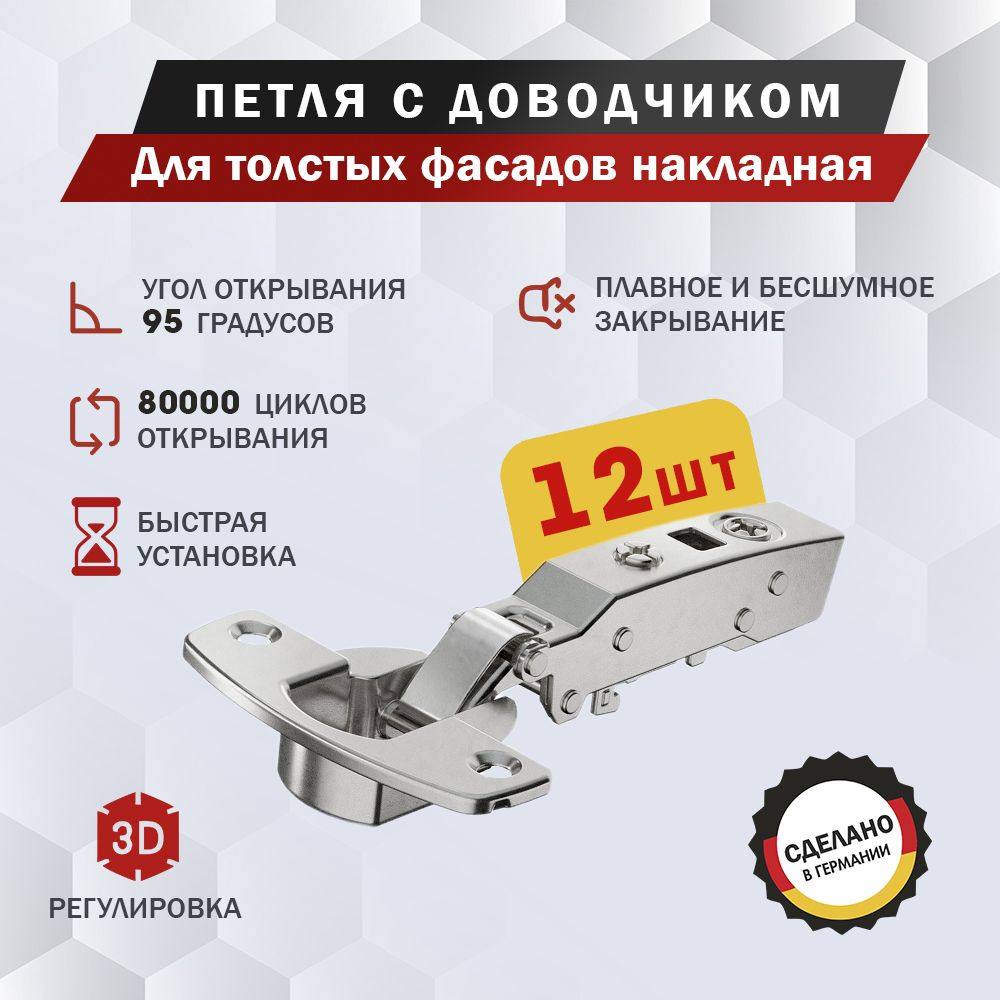 Петля мебельная Hettich Sensys 8631i для толстых фасадов накладная, угол открывания 95 градусов, Clip-on, #1