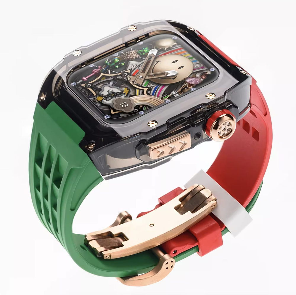 Премиальный ремешок для Apple Watch 44 / 45 mm в стиле Richard Mille Red/Green/Gold BT  #1