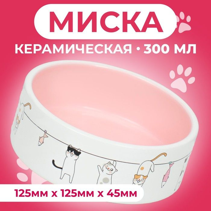 Миска керамическая "Весёлые котики" 300 мл 12,5 x 4,5 cм, бежево-белая  #1