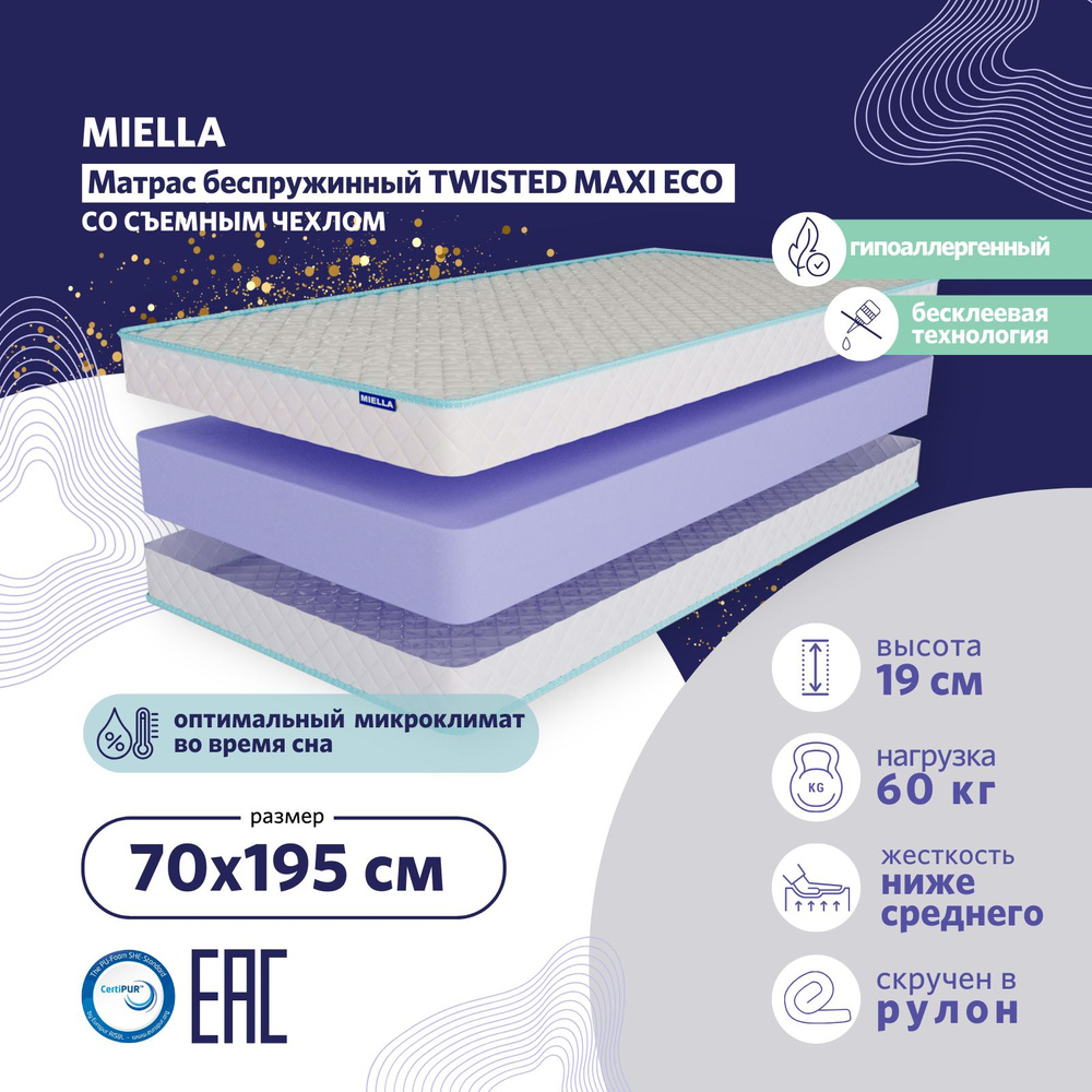 Матрас детский 70x195 MIELLA Twisted Maxi Eco беспружинный, со съемным чехлом  #1