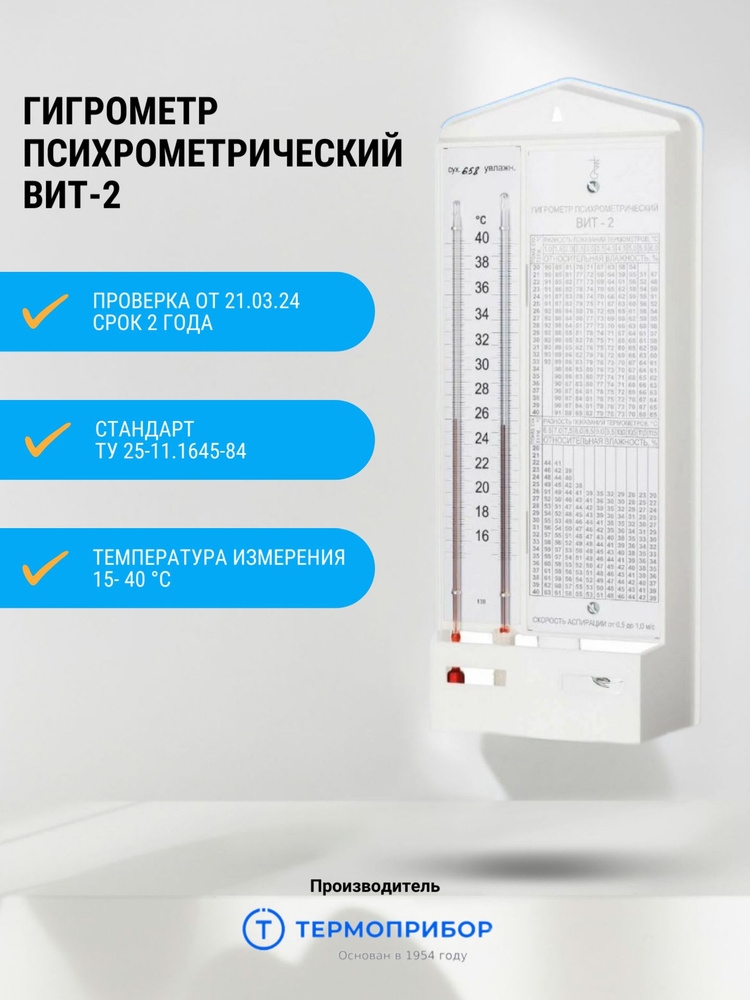 Гигрометр психометрический ВИТ-2 (от 15 до 40 С) с проверкой от 21.03.24 Термоприбор  #1