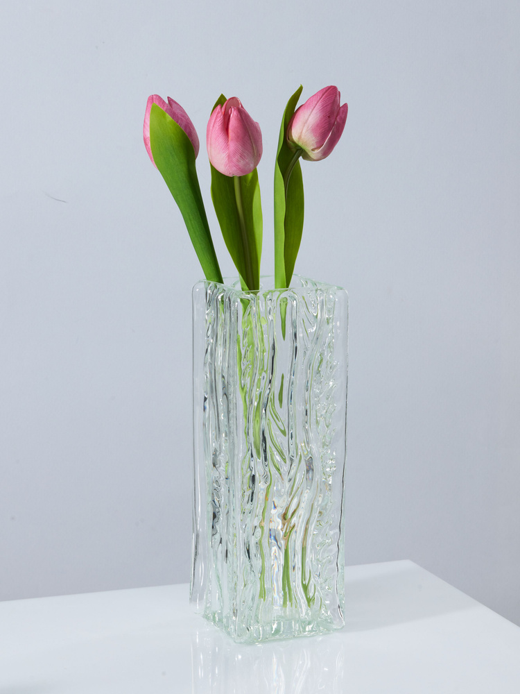 Ваза для цветов из хрустального стекла "Квадрат Кора" прозрачный, 30 см, премиальное качество, ручной #1