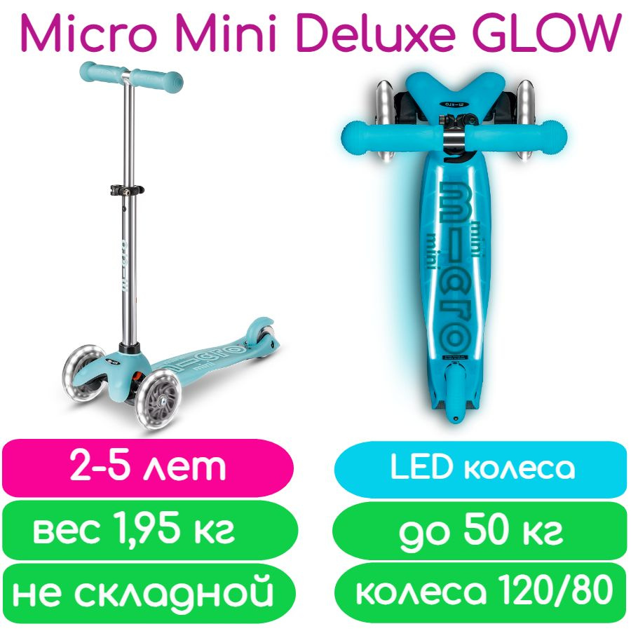 Самокат Mini Micro Deluxe Plus Glow LED ледниковый аква MMD214 (светится в темноте, LED колеса)  #1