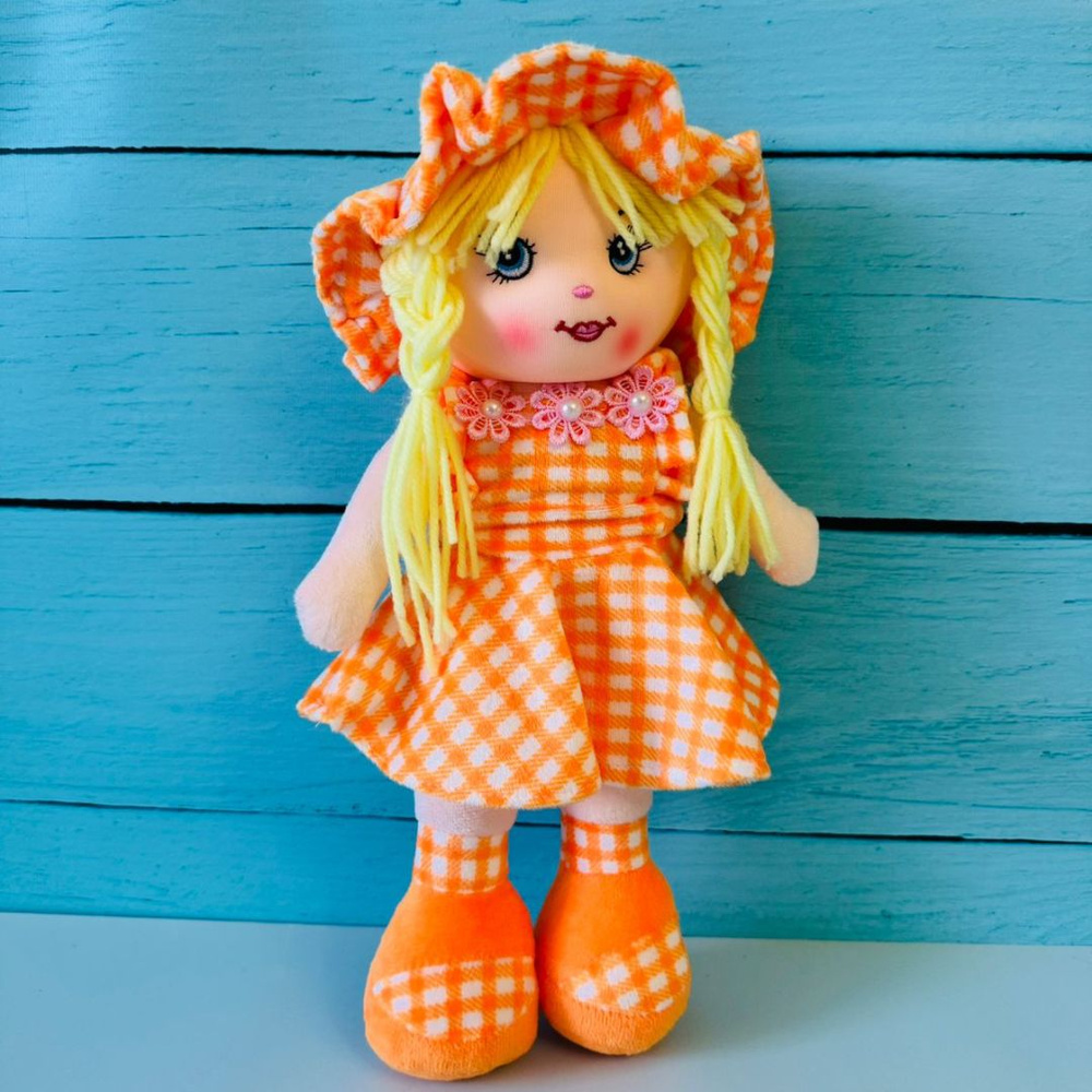 Кукла Маша мягконабивная, текстильная мягкая игрушка куколка оранжевая платье в клетку  #1