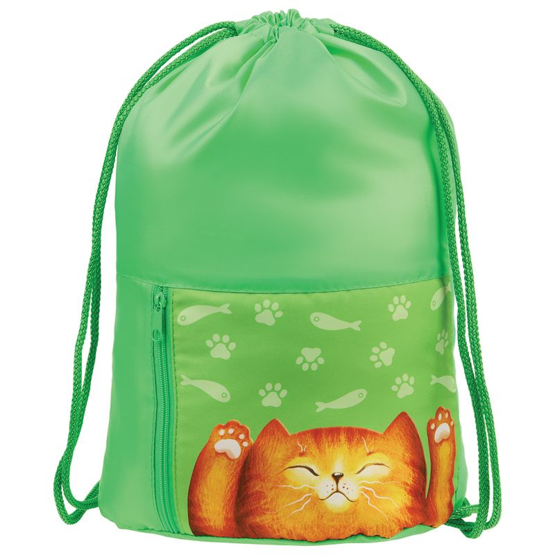 Мешок для обуви 1 отделение Мульти-Пульти "Lazy Cat", 340*420мм, карман на молнии, зеленый  #1