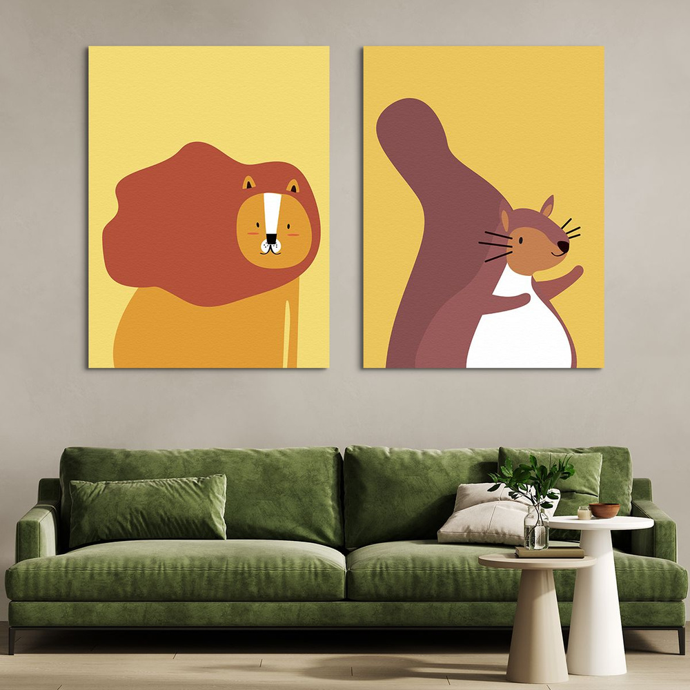 Модульная картина на стену, на холсте - Милые иллюстрации животных (лев, белочка) 150x100 см  #1