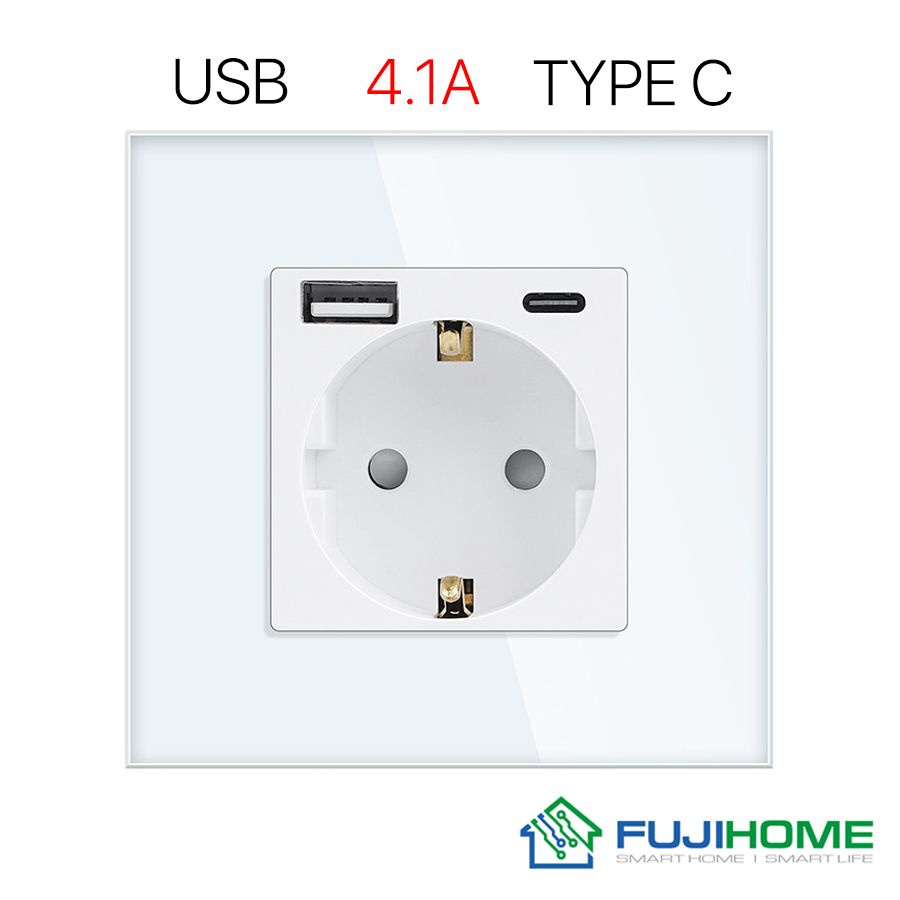 Розетка с USB (Type A + Type C) FUJIHOME TW-GAC-WT(CS), с заземлением, рамка 86х86мм из закаленного стекла, #1