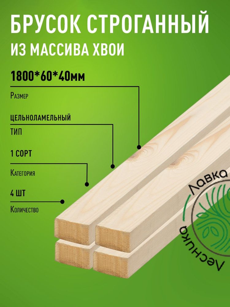 Брусок деревянный строганный 1800х60х40мм Хвоя 1 сорт 4 штуки  #1