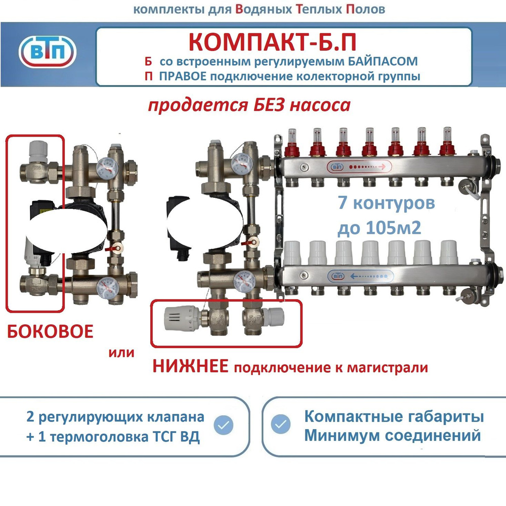 Комплект коллекторов теплого пола КО ВТП КОМПАКТ-Б.П-7 контуров, коллектор справа, смесительный узел #1