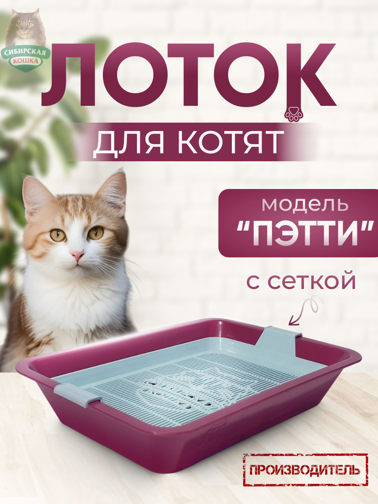 Туалет лоток ДЛЯ КОТЯТ ПЭТТИ, СИБИРСКАЯ КОШКА с сеткой, розово-фиолетовый, 33*23,5*6,5 см  #1