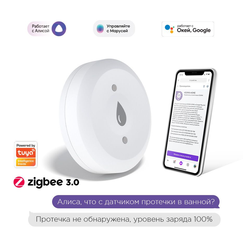 Умный датчик протечки Zigbee, Яндекс Алисой, Google Home #1